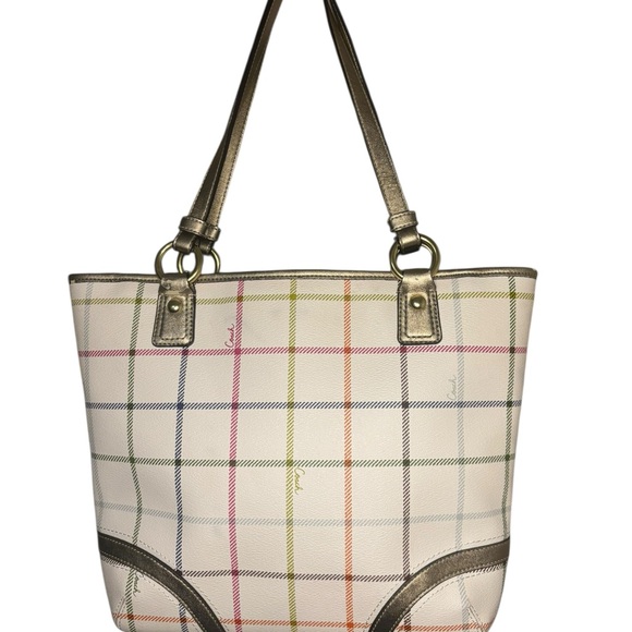 Coach Plaid Peyton Tattersall Zip Tote F20083 Multicolor Spring Bag Gold Trim - Picture 3 of 11